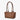 Brown woven handbag on a white background