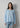 Front view of the lightweight Clouded Knit Long Sleeve Top in Siren Blue finished at the hip.