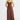 Front view of the chocolate brown bias-cut linen dress featuring a V-neckline and relaxed silhouette.