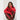 Woman wearing a red sweater and brown pants with white trim on a white background