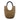 Faly Bag in light brown shown as a structured small raffia tote bag with leather wrapped handles.