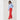 Person wearing a light blue sweatshirt and red pants with white stripes on a white background