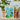 Canvas print of blue flowers and green leaves on a wooden table with potted plants.