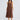 Megan Dress in coffee front view, featuring a regular fit cotton linen blend midi length silhouette with a square neckline and wide gathered shoulder straps.